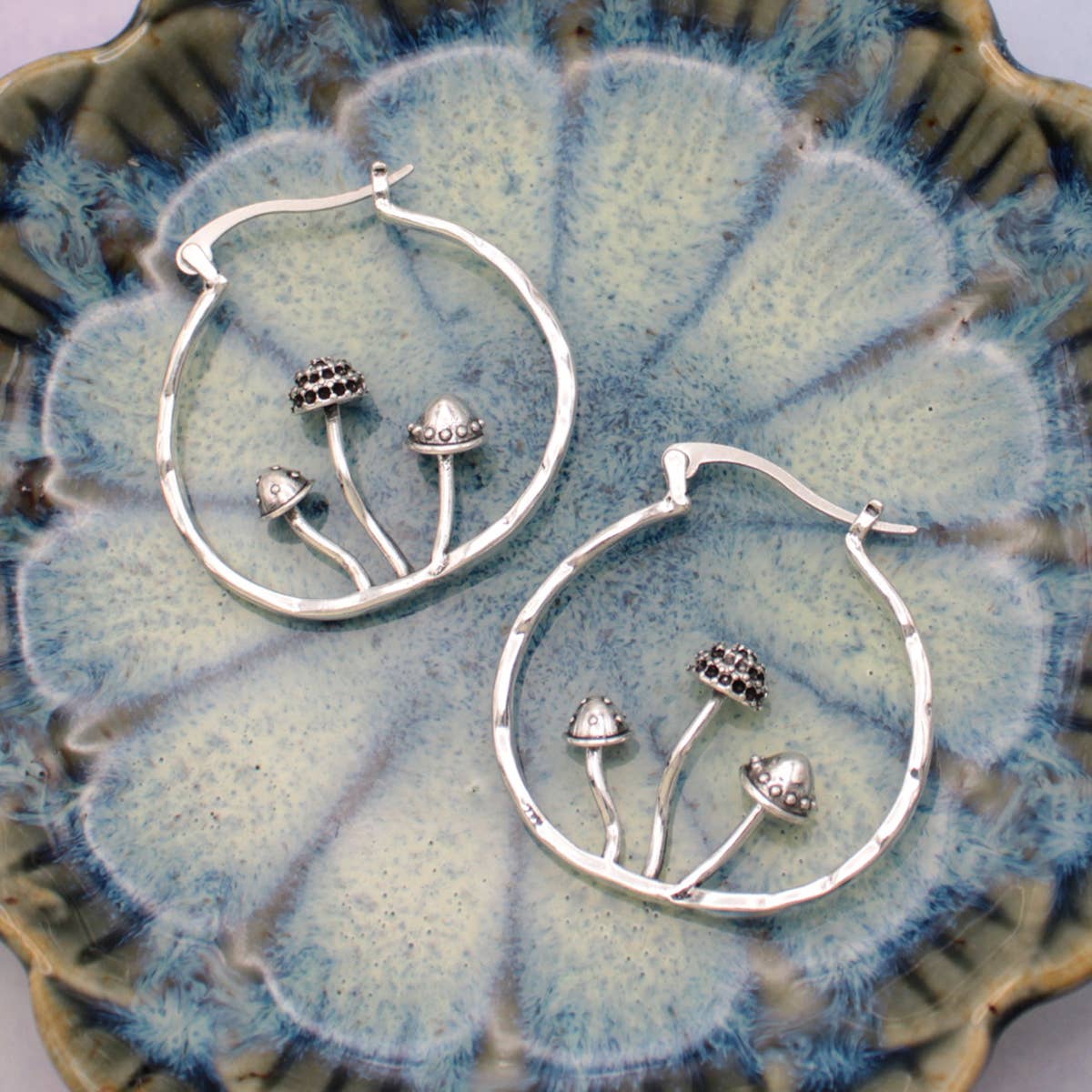 Mushrooms Hammered Hoop Earrings