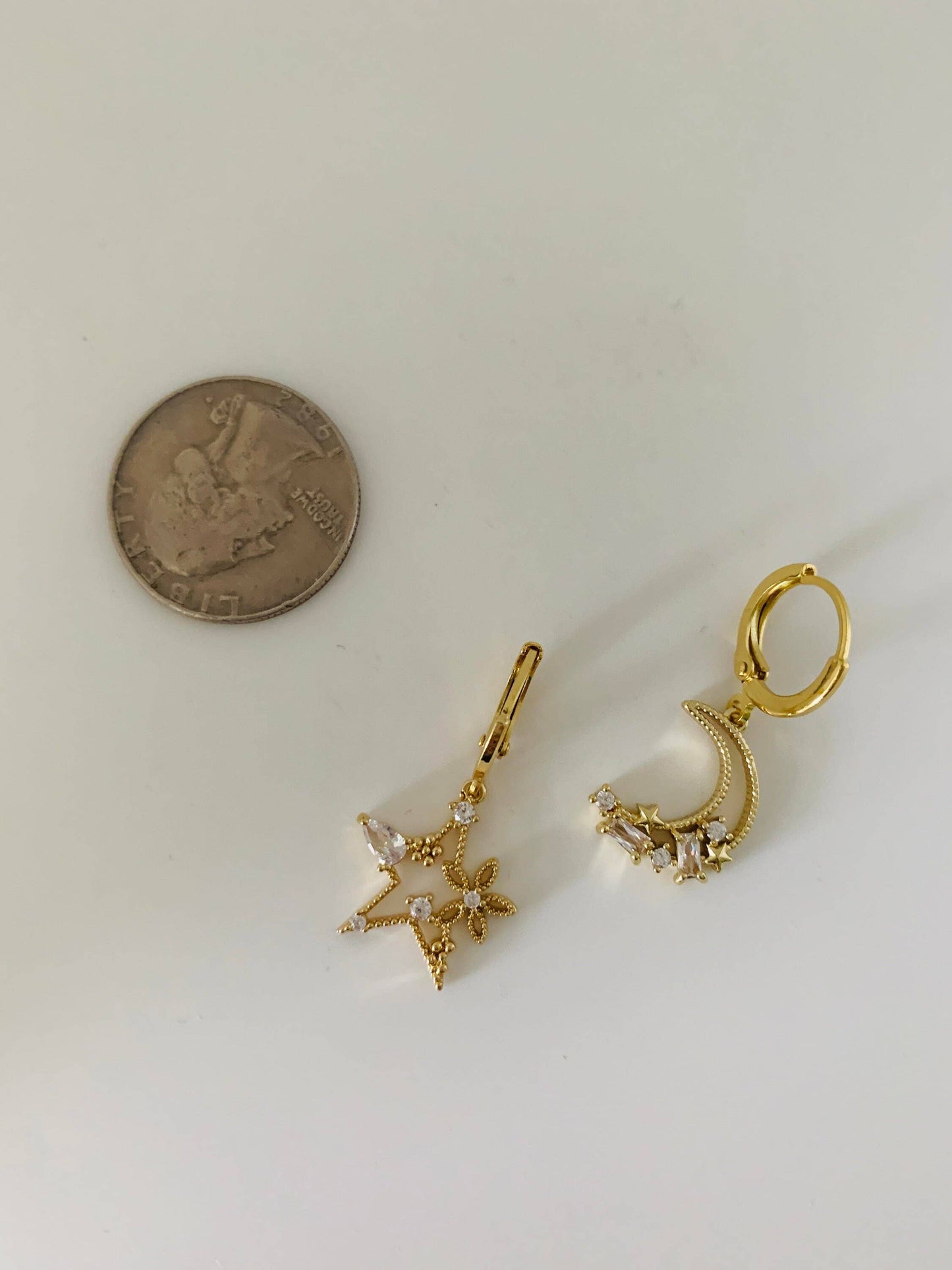 Dainty Star And Moon Dangle Earrings