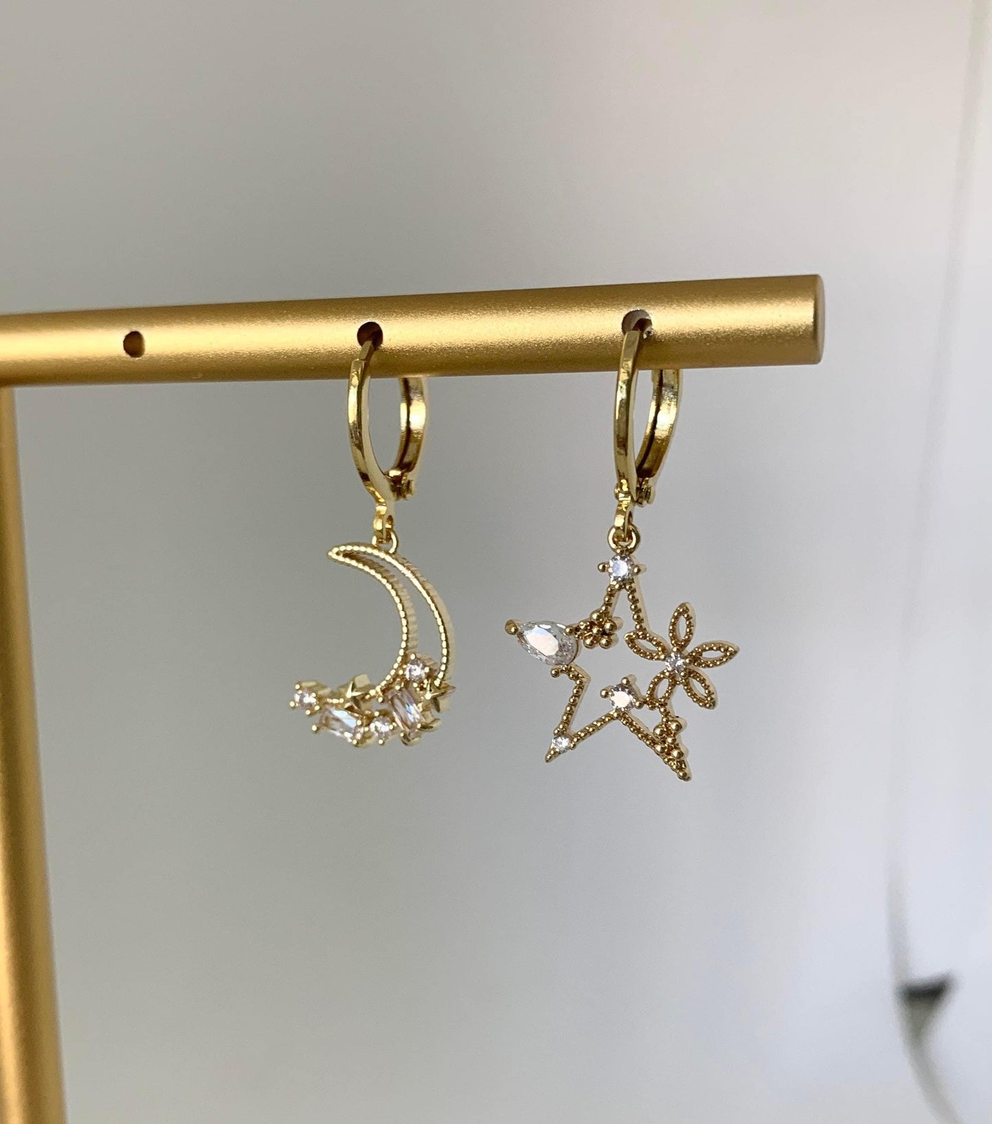 Dainty Star And Moon Dangle Earrings