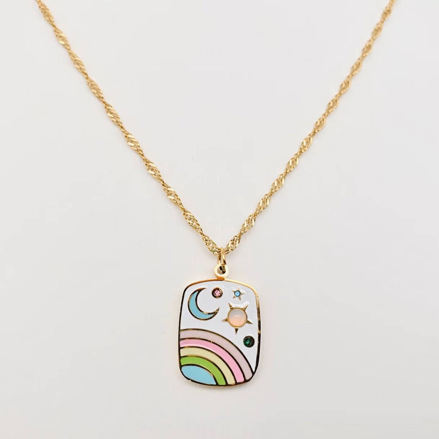 Enamel Star Moon Rainbow Necklace
