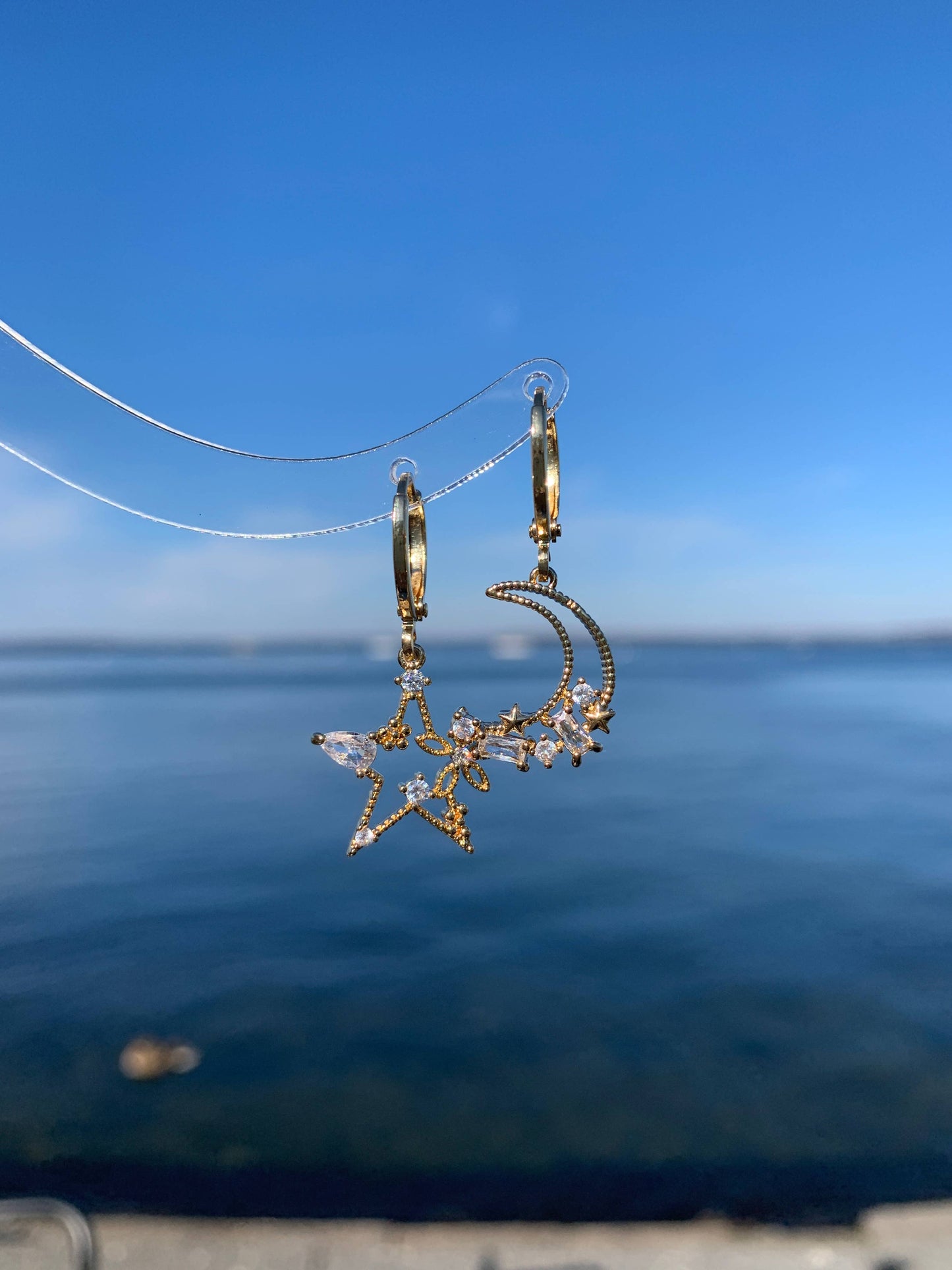 Dainty Star And Moon Dangle Earrings