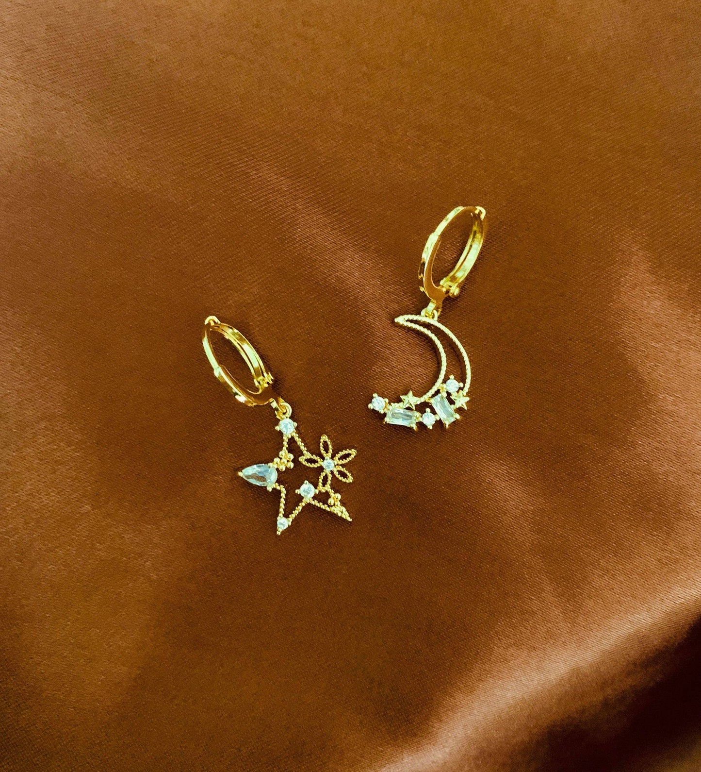 Dainty Star And Moon Dangle Earrings