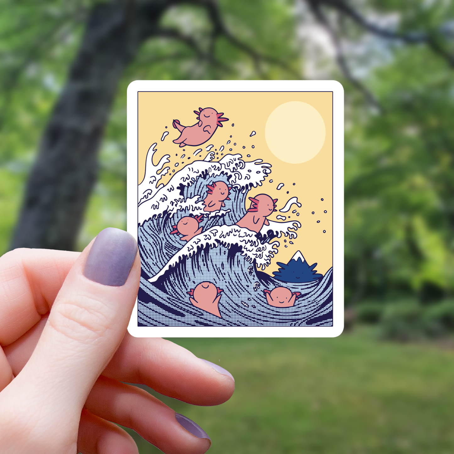 Axolotls Riding Big Wave Sticker