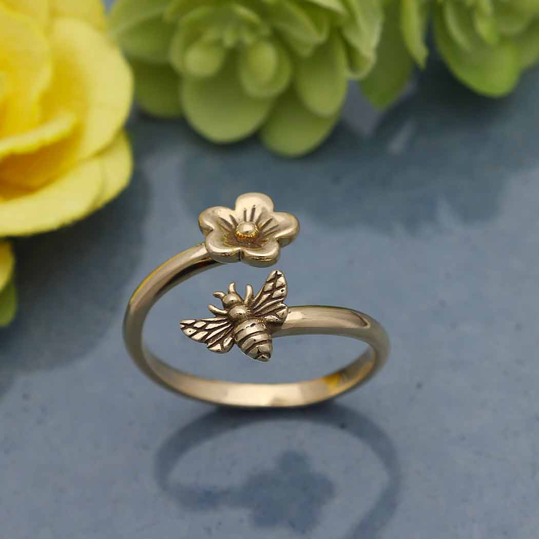 Bee and Cherry Blossom Bronze Adjustable Ring