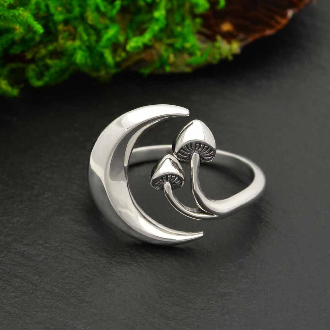 Moon and Mushroom Sterling Silver Adjustable Ring