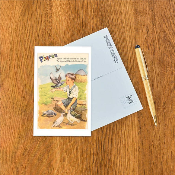 Pigeon, Boy Sitting on Log Postcard