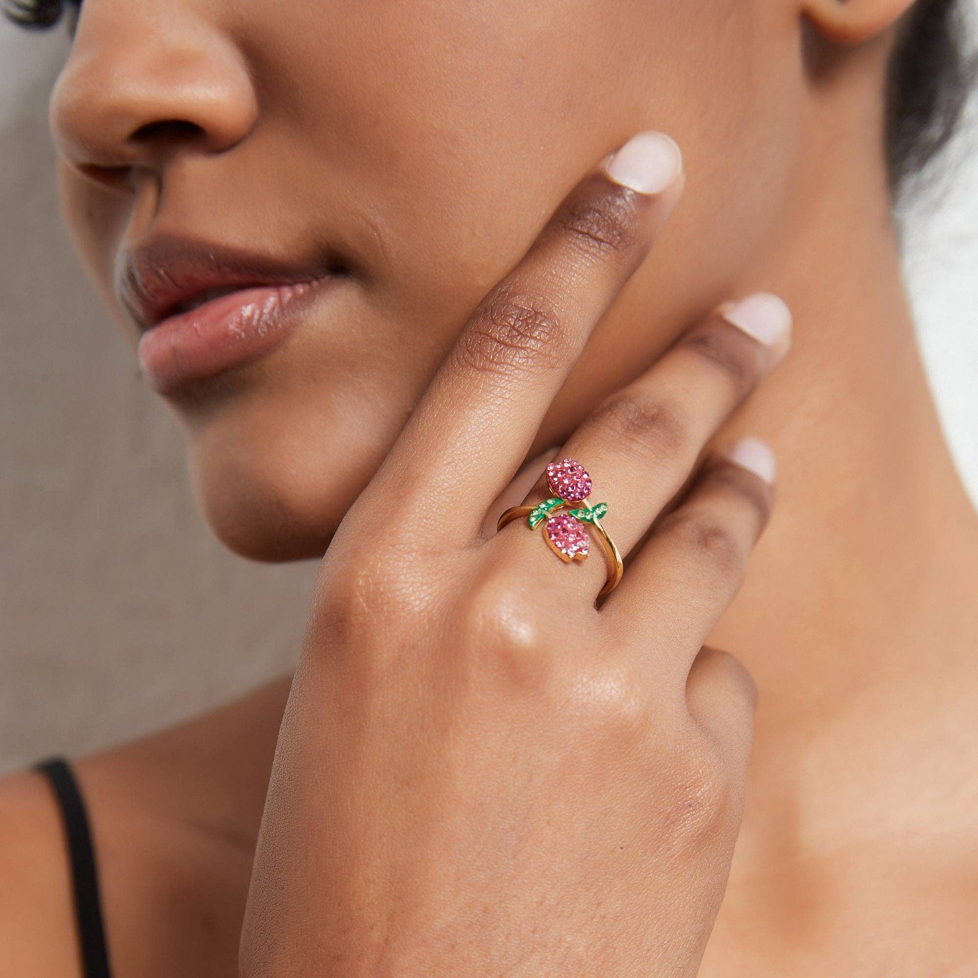 Tulip Flower Pink Crystal Ring - 0
