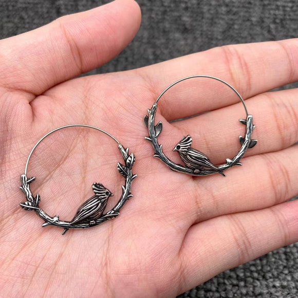 Bird on Branch Hoop Earrings