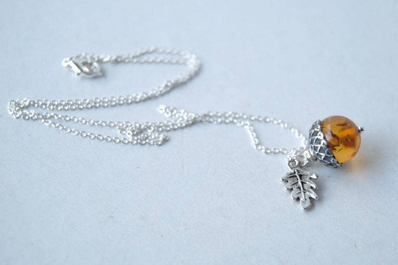 Amber and Silver Acorn Necklace