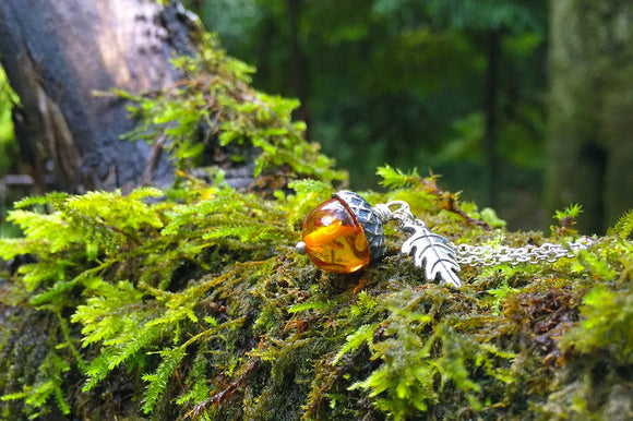 Amber and Silver Acorn Necklace