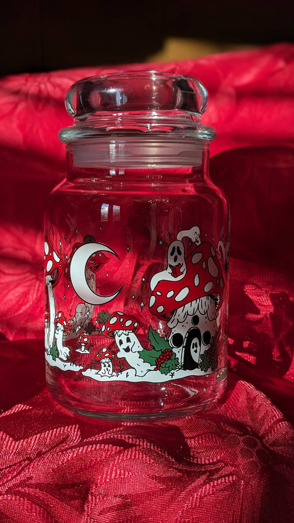 Ghost Mushrooms in the Snow Vintage Inspired Candy Jar