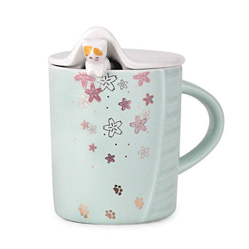 Mint Sakura Flowers Cat Mug w/ Lid