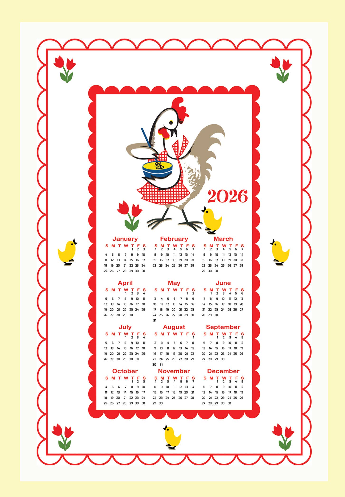 2026 Kitchen Chicken Calendar Tea Towel