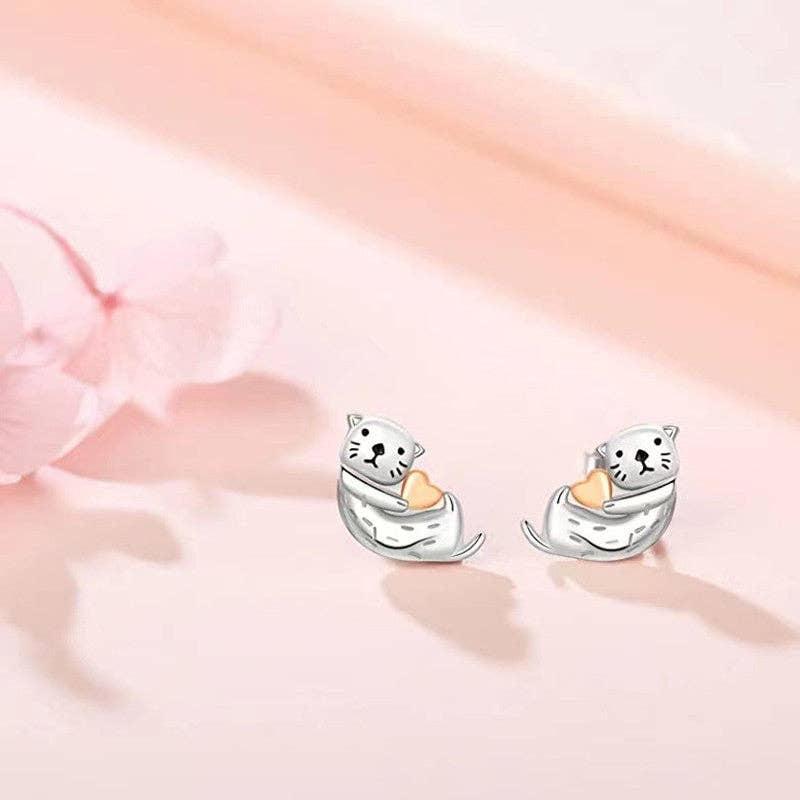 Sea Otter Heart Stud Earrings