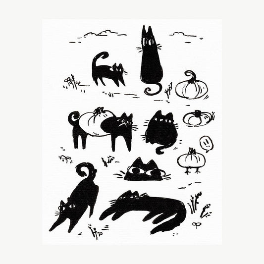 Little Black Cats & Pumpkins Print