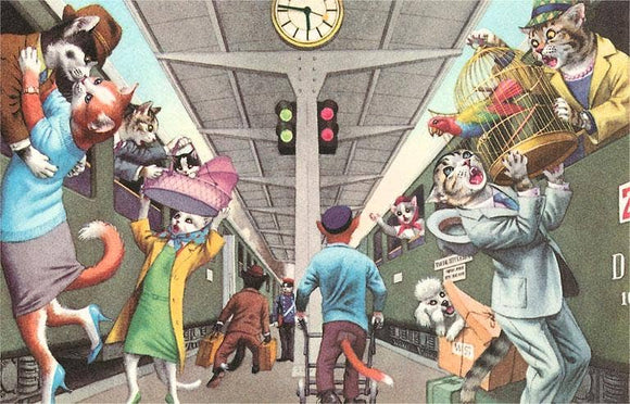 Crazy Cats Boarding the Train Postcard