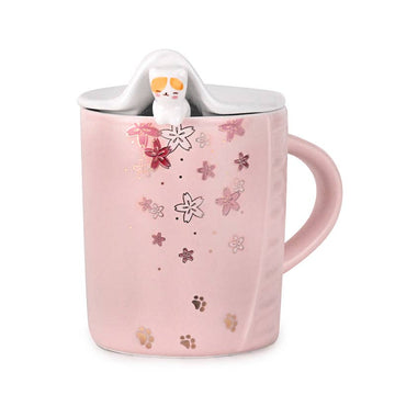 Pink Sakura Flowers Cat Mug w/ Lid