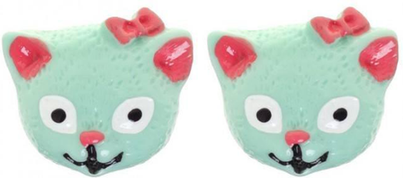 Green And Pink Cat Stud Earrings