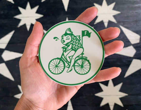 Feminist Fish Riding Bicycle Sticker