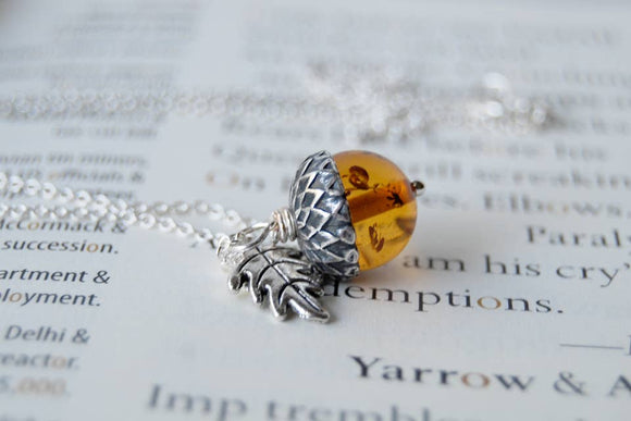 Amber and Silver Acorn Necklace