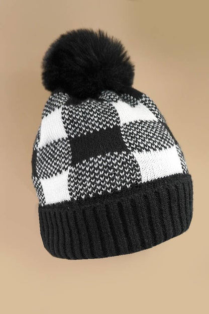 Checker Pom Pom Beanie Hat