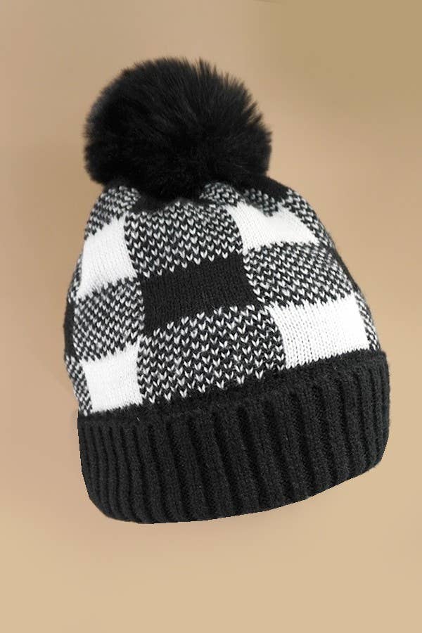 Checker Pom Pom Beanie Hat - 0