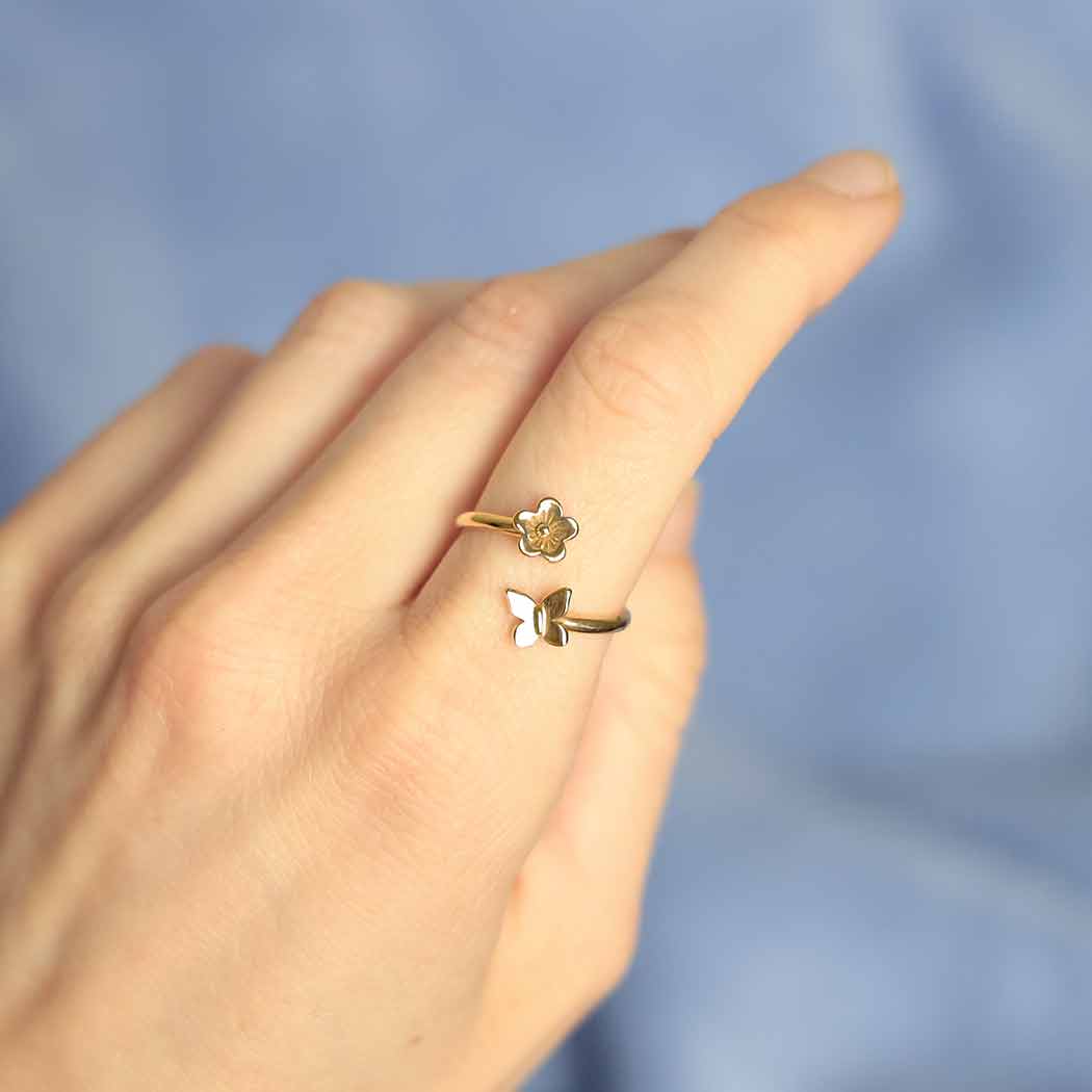 Butterfly & Flower Bronze Adjustable Ring - 0