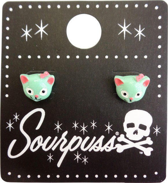 Green And Pink Cat Stud Earrings