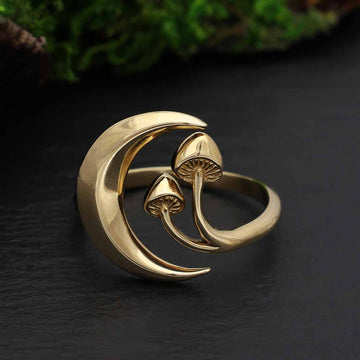 Moon and Mushroom Bronze Adjustable Ring