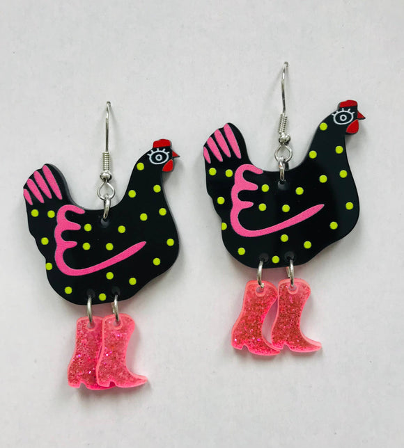 Black Chicken With Boots Earrings