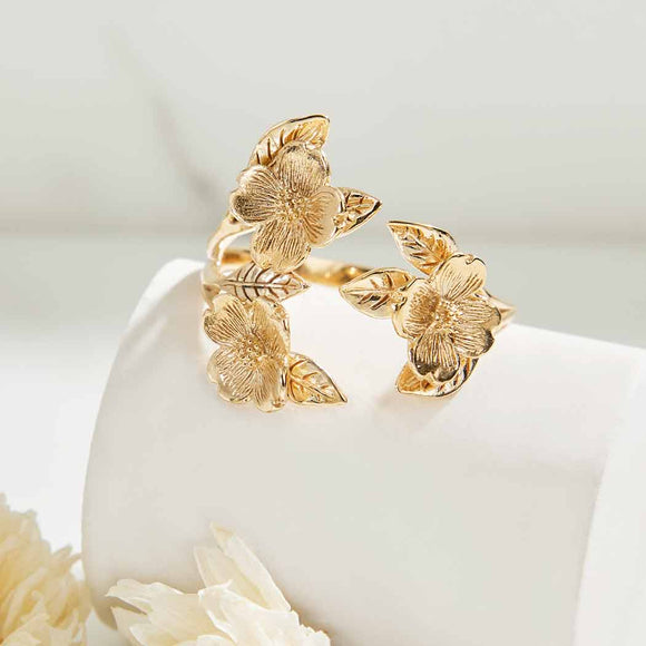 Dogwood Flower and Leaf Bronze Adjustable Ring