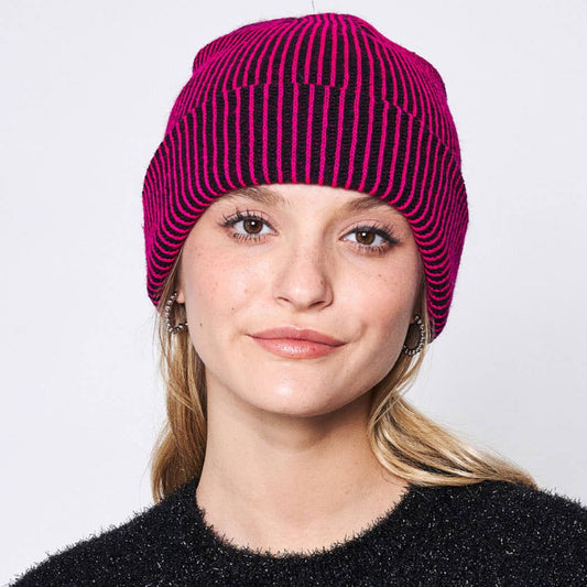 Vertical Contrast Stripe Cuff Beanie