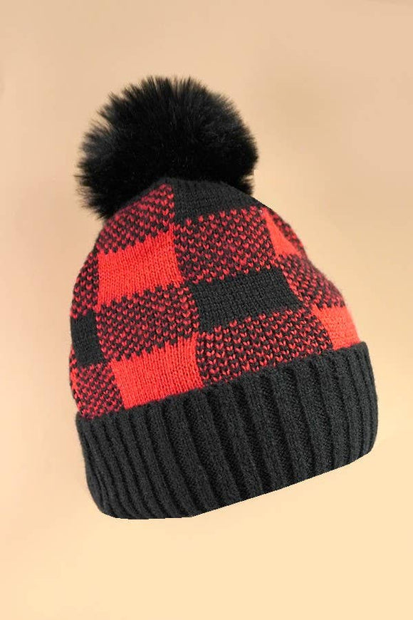 Checker Pom Pom Beanie Hat