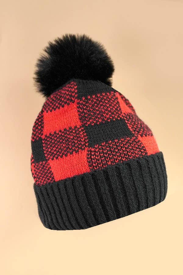 Checker Pom Pom Beanie Hat