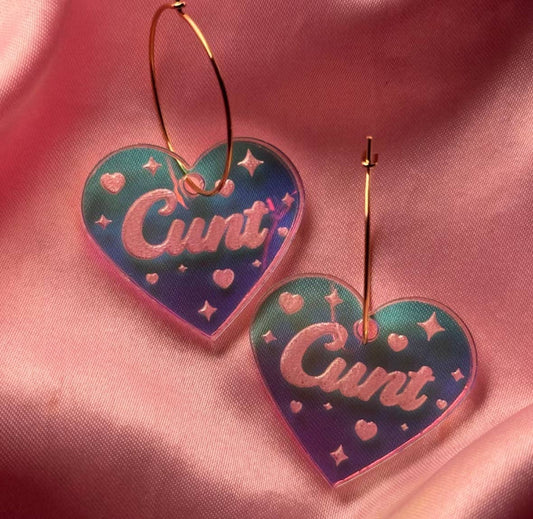 Cunt Iridescent Heart Hoop Earrings