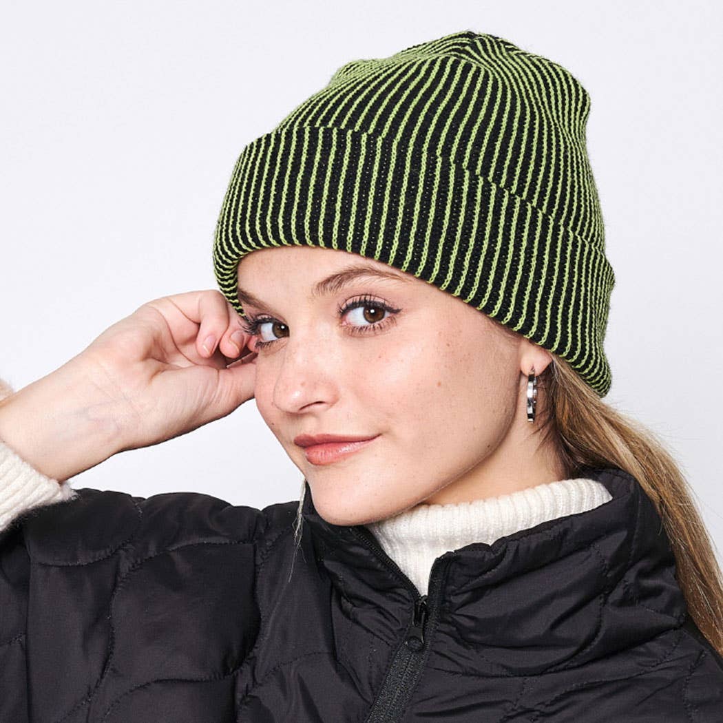 Vertical Contrast Stripe Cuff Beanie