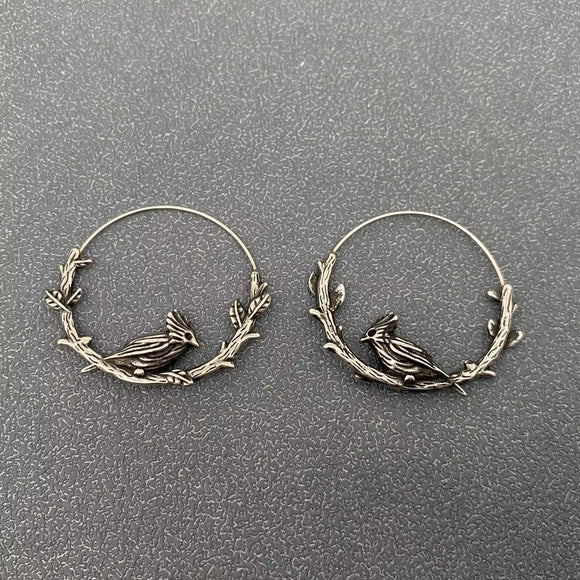 Bird on Branch Hoop Earrings