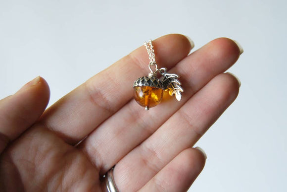 Amber and Silver Acorn Necklace