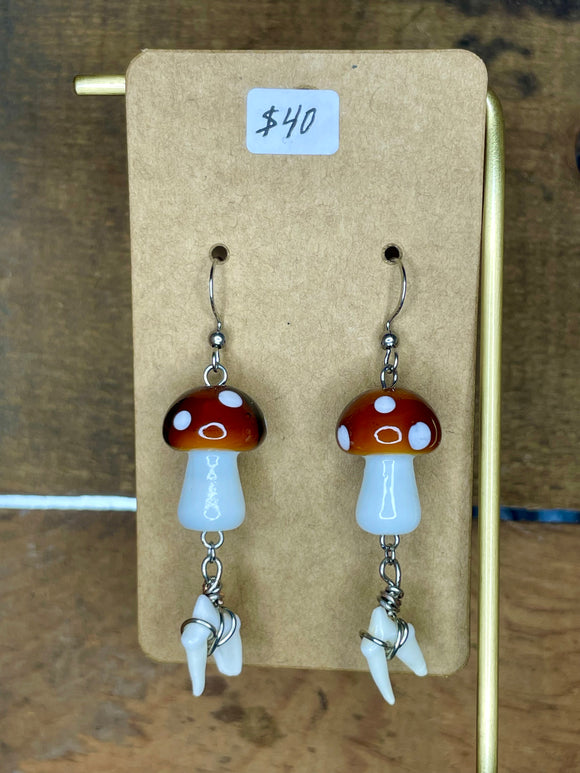 Mushroom Bead and Coyote Teeth Earrings