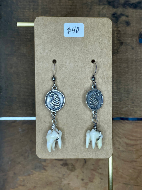 Raccoon Teeth and Fern Earrings