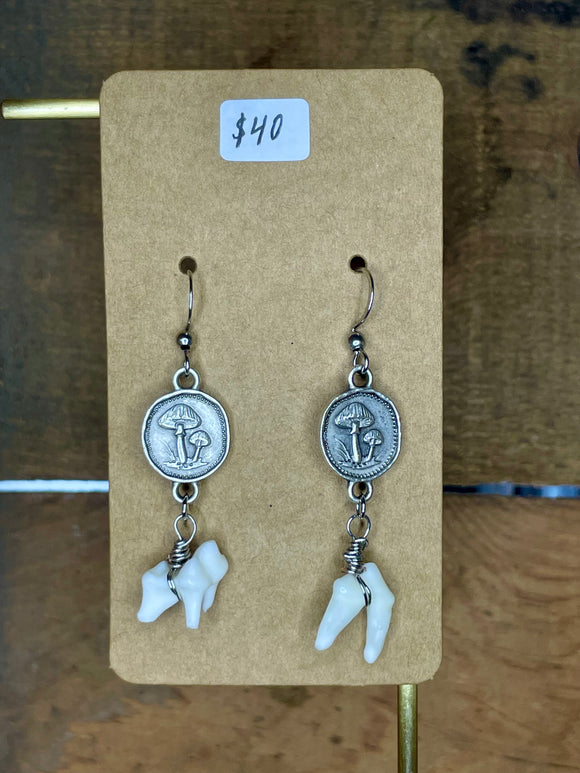 Coyote Teeth and Mushroom Charm Earrings