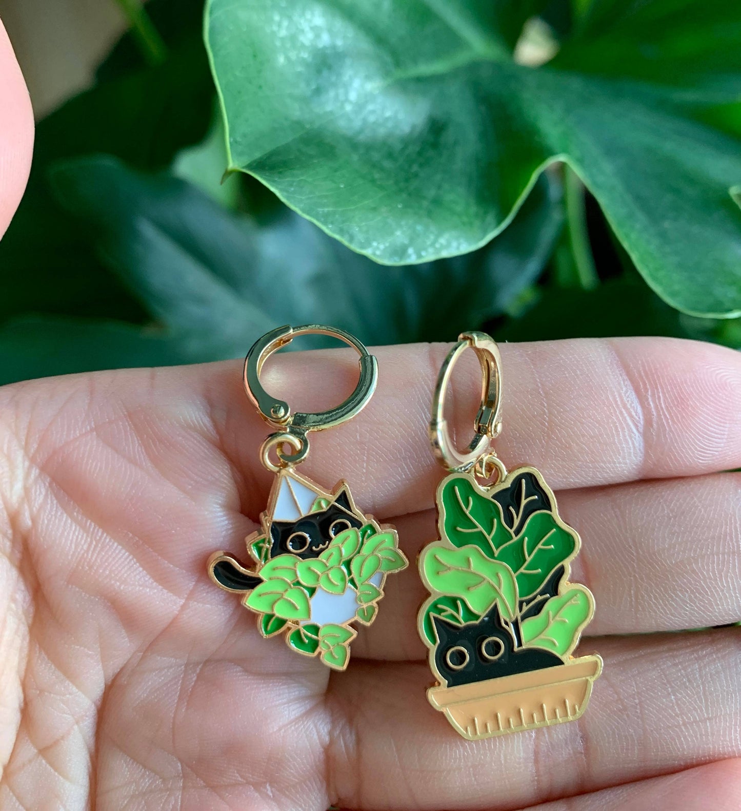 Cat and Plant Huggie Earrings