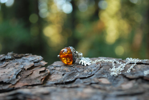 Amber and Silver Acorn Necklace