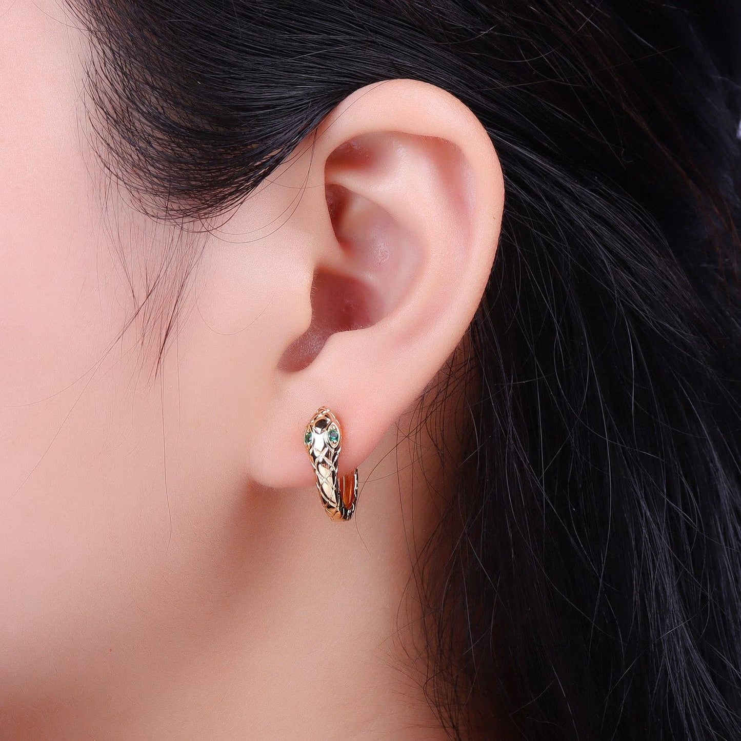 Green Eyed Snake Huggie Hoop Earrings