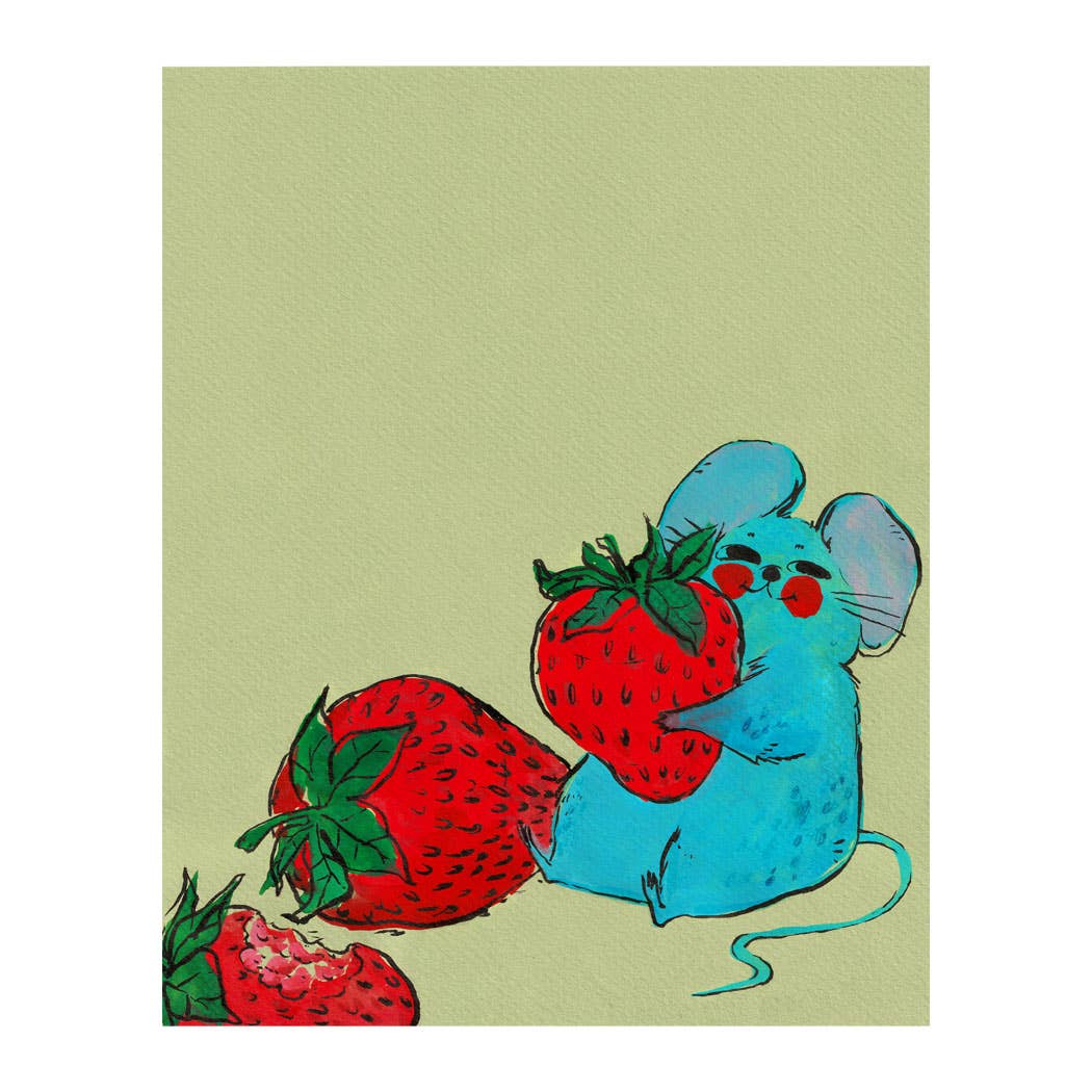 Blue Mouse & Strawberries Print