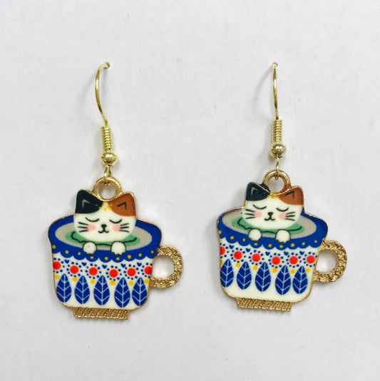Cat in Coffee Cup Earrings