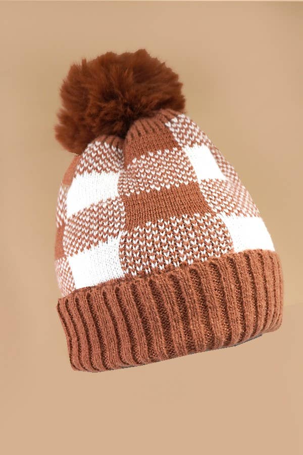 Checker Pom Pom Beanie Hat