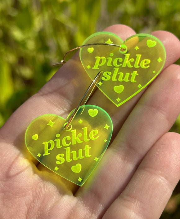 Pickle Slut Green Heart Hoop Earrings
