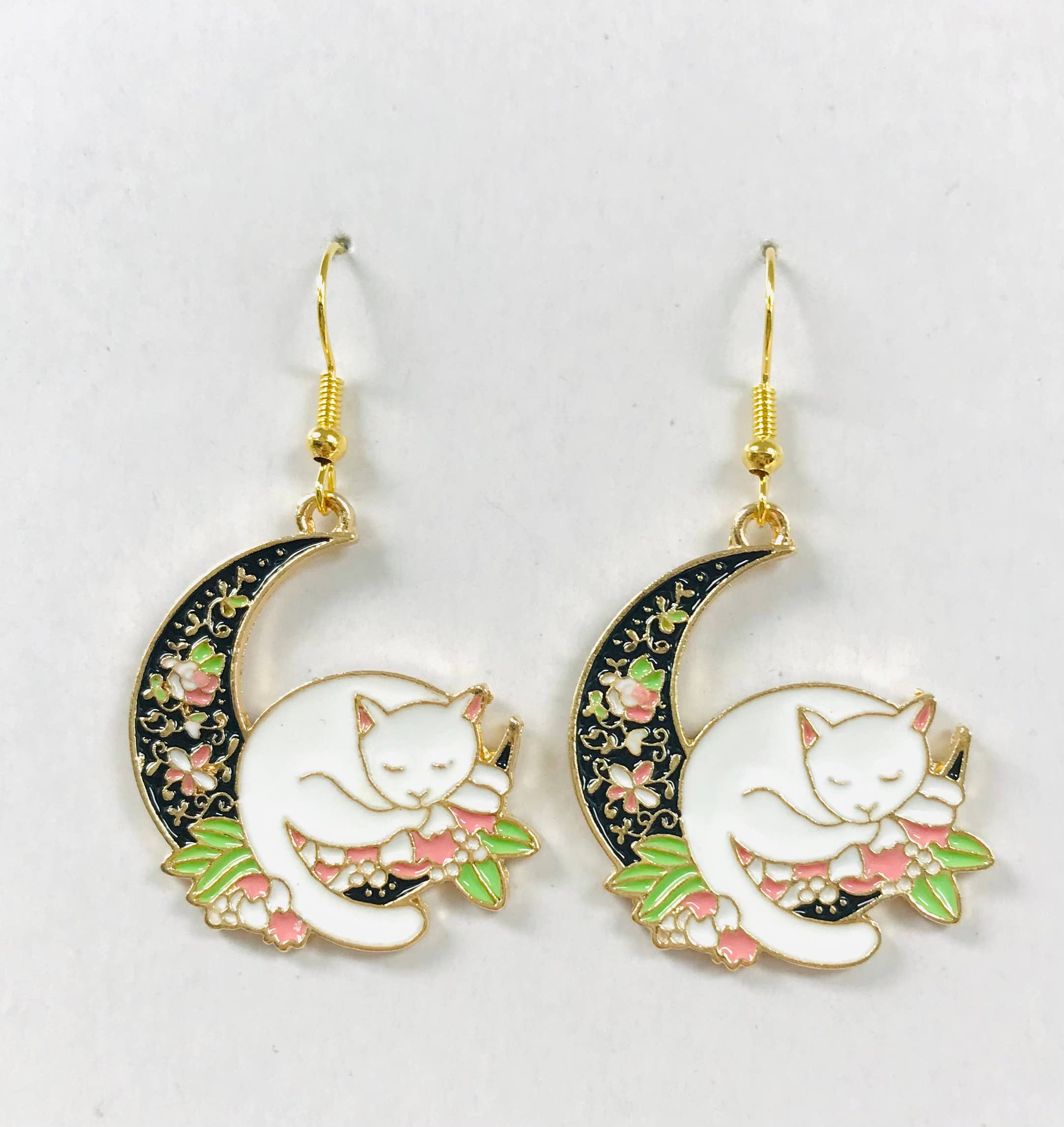 White Cat Crescent Moon Earrings