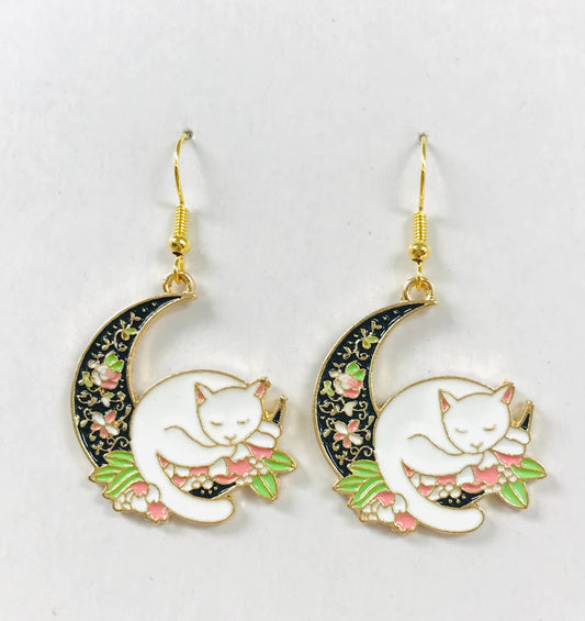 White Cat Crescent Moon Earrings